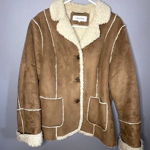 Calvin Klein Brown Teddy Shearling Jacket with Cream Trim